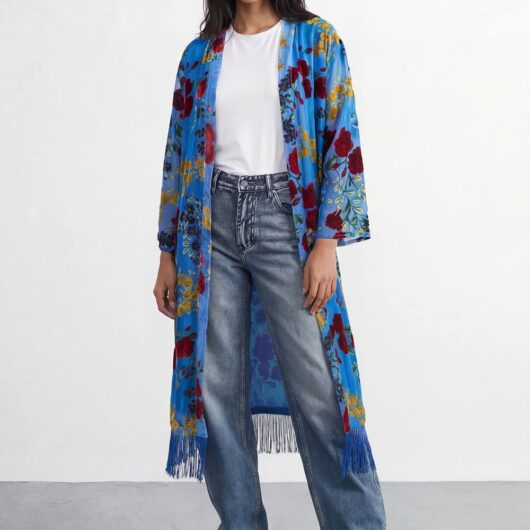Warehouse Women's Petite Premium Burnout Fringe Hem Midi Kimono in Blue | Size: Medium