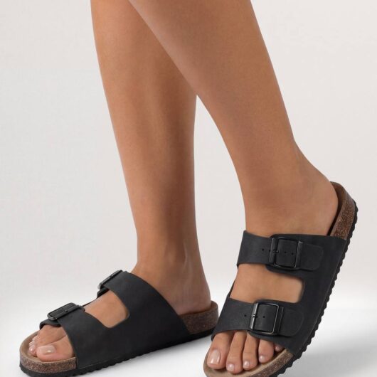 MISSPAP Women's Black Faux Nubuck Suede Double Buckle Footbed Sliders in Natural Black | Size: 5